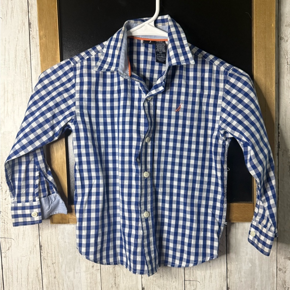 Nautica Boys 4T Short Sleeve Blue White Check Button Down Shirt